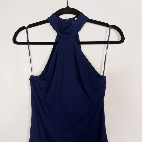 Express Size 4 Navy Blue Halter Neck Overlap Asymmetrical Bodycon Dress Cocktail - Picture 3 of 8